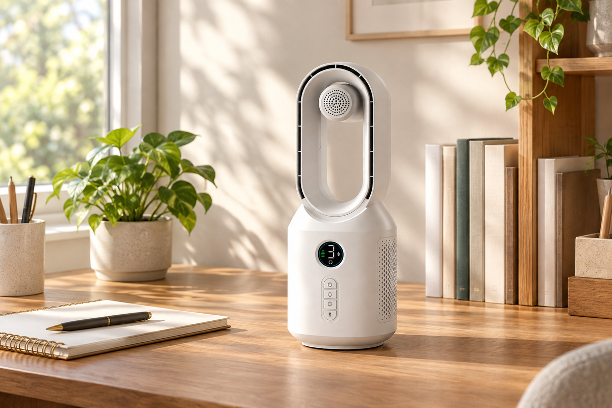 Generierte Wohnraumszene mit weißem Ventilator auf einem Schreibtisch