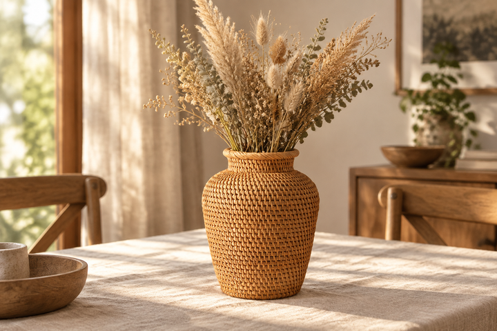 Generierte Wohnraumszene mit geflochtener Dekovase und Trockenblumen auf dem Tisch